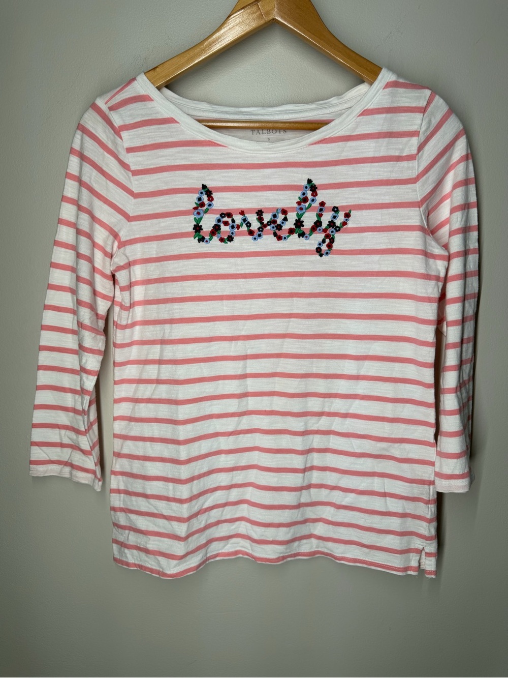 Talbots Love Embroidered Striped Boat Neck Top Floral Preppy Coastal Parisian